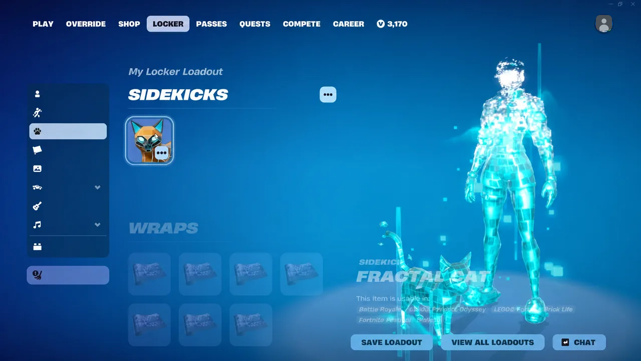 Locker Sidekicks tab showing the Fractal Cat entry and its unlockable style options