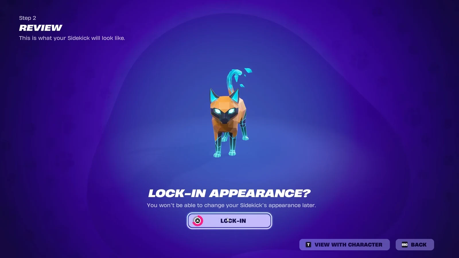 Sidekick review screen with the Lock-In button highlighted to confirm the cat's colors