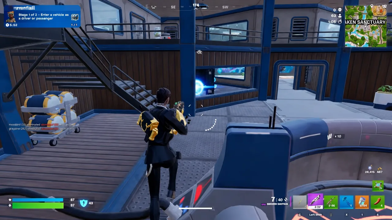 Fortnite quest tracker showing Stage 1 of 2 while the player moves through a building interior