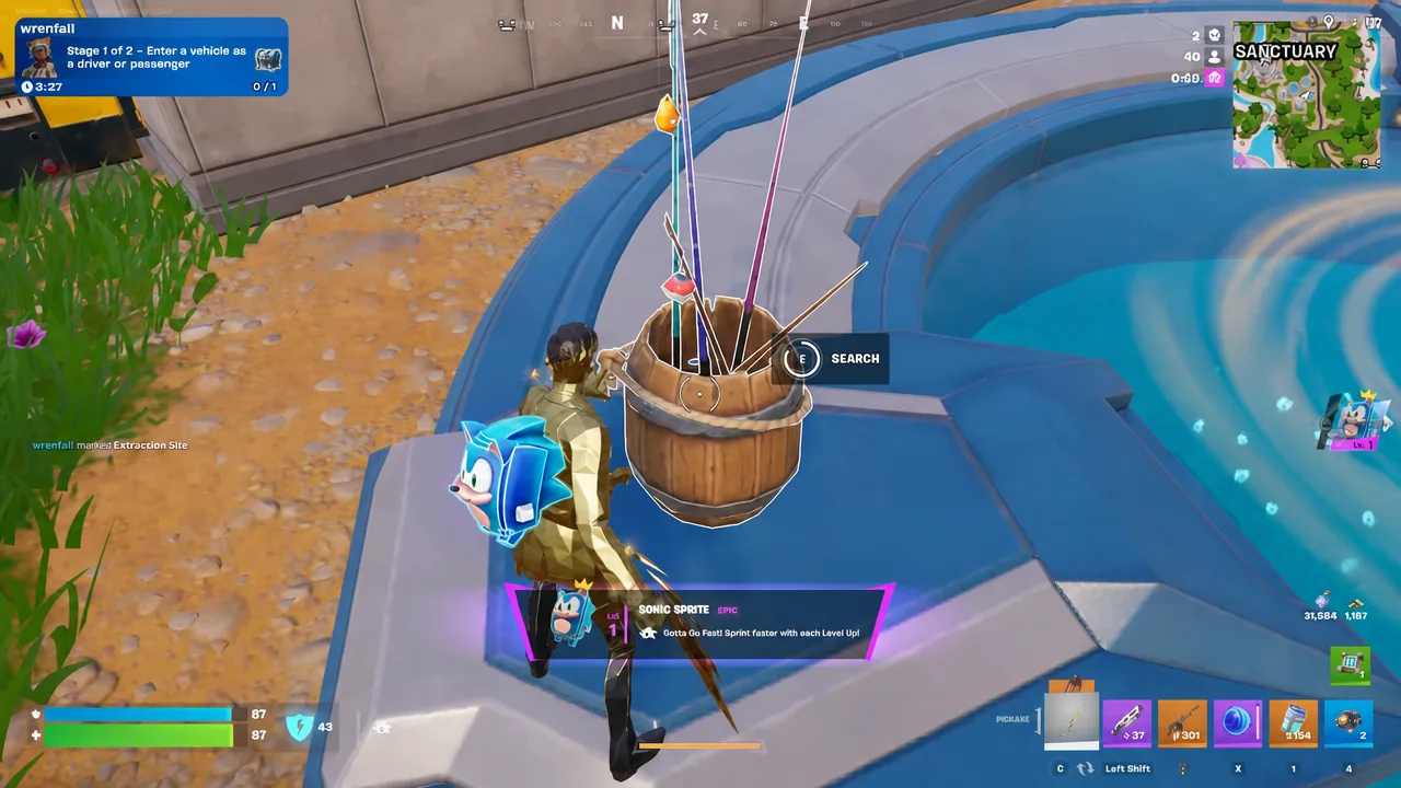 Searching a fishing barrel with the SEARCH prompt on screen in Fortnite