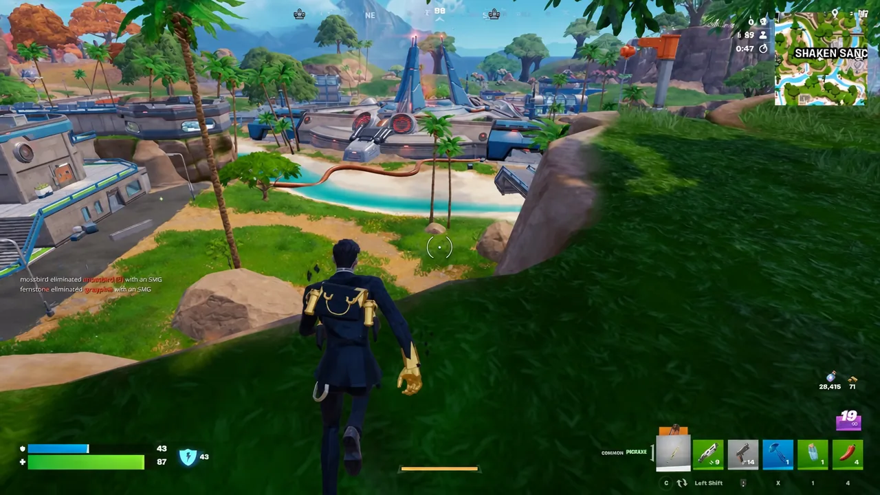 Player pushing downhill toward Shaken Sands early in a Fortnite match