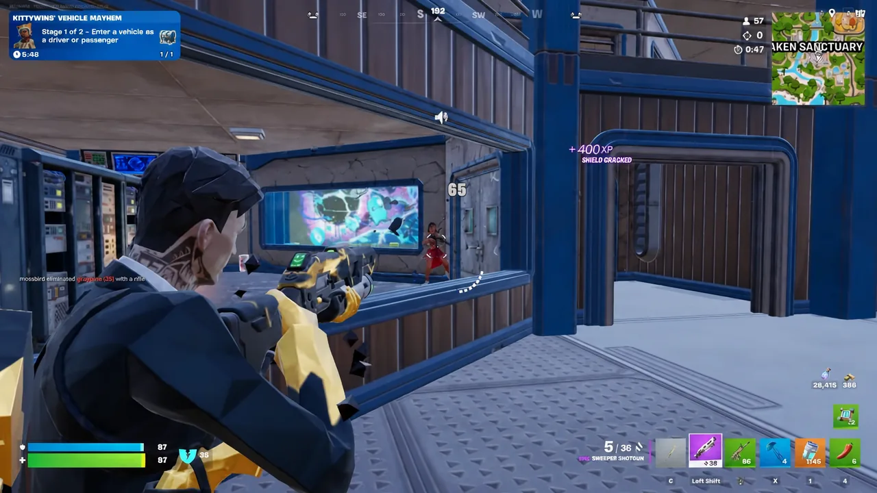 Breaking an enemy's shield with the Sweeper Shotgun on the way to the first elimination.