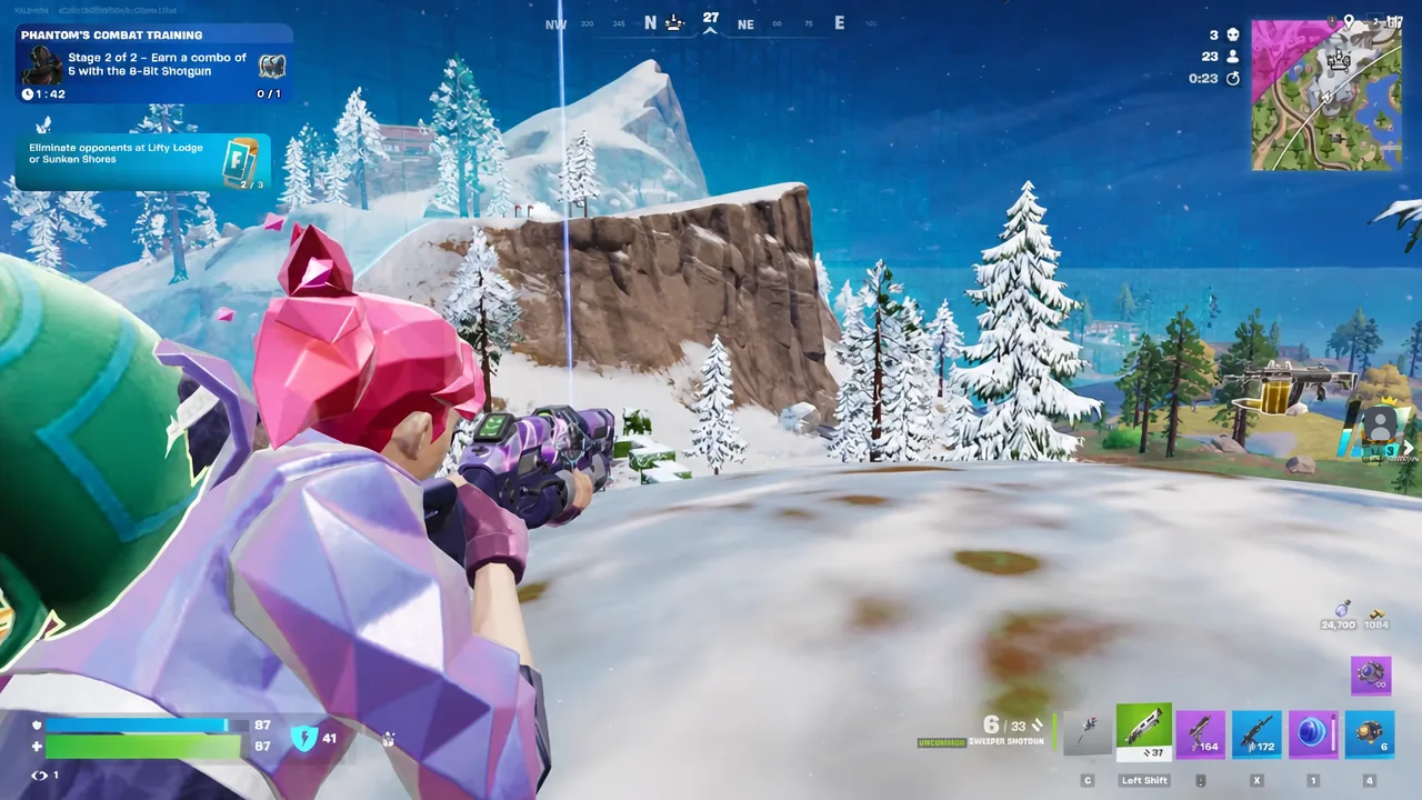 Player aiming a shotgun across snowy terrain with a combat training objective on the HUD