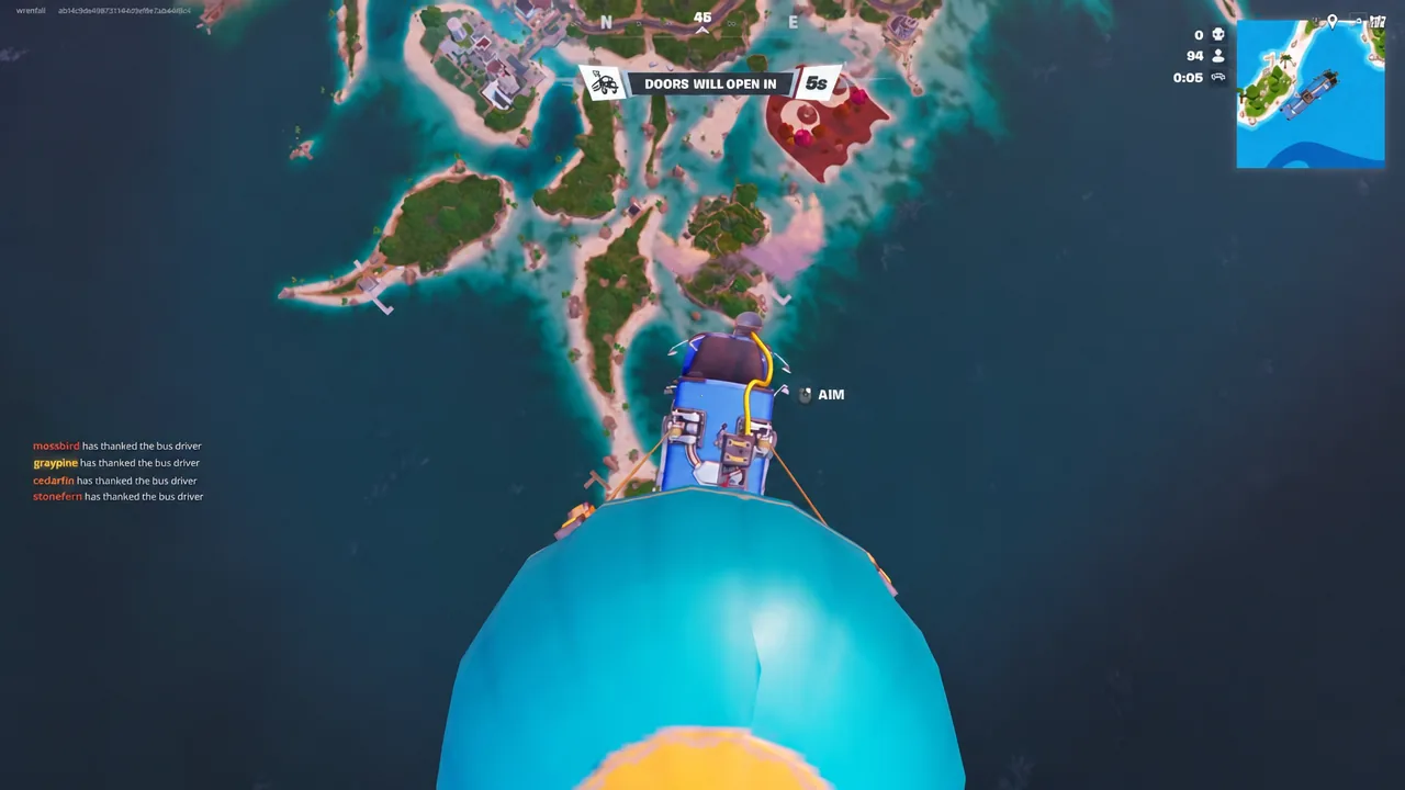 Battle Bus flying over the island with the doors-opening countdown on screen