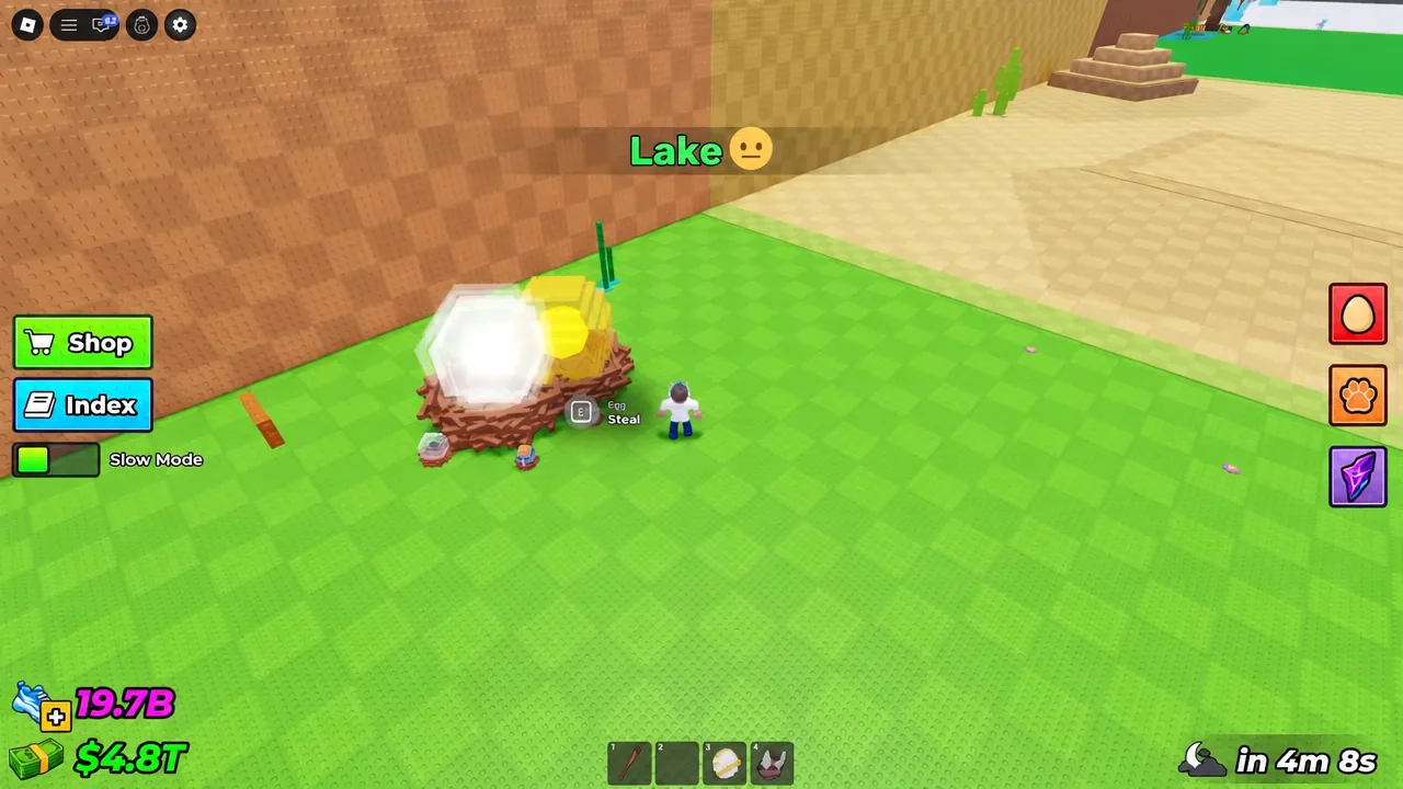 Egg Steal prompt shown next to a glowing nest in the Lake zone