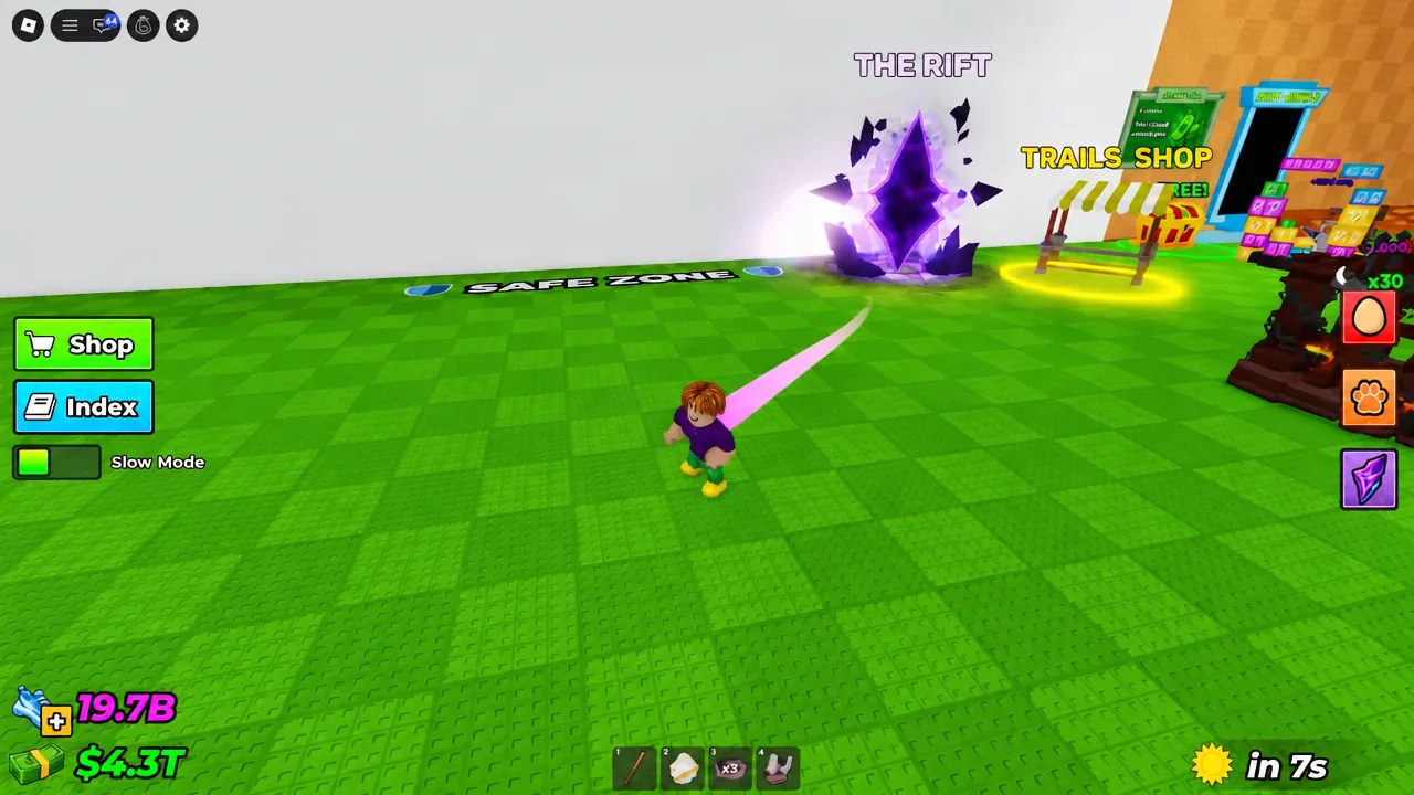 Player following the pink trail toward the glowing Rift portal in the Safe Zone