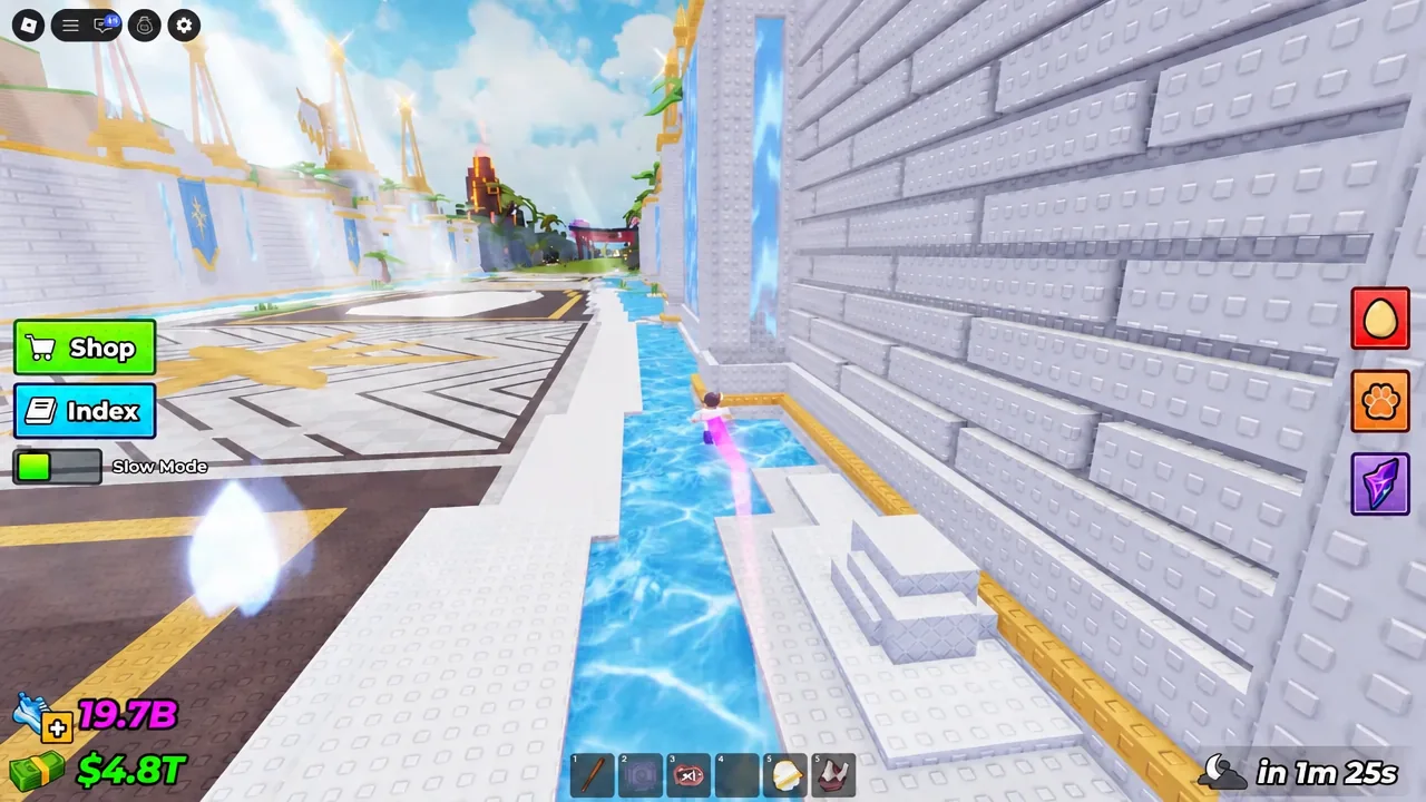Avatar moving through the Angels water channel beside a white castle wall with Slow Mode on