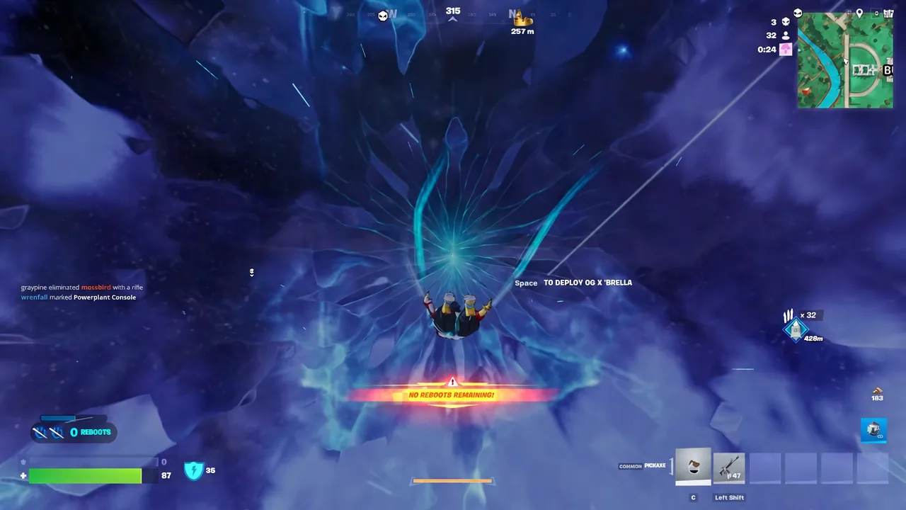 Skydiving in Fortnite with the deploy glider prompt shown on screen
