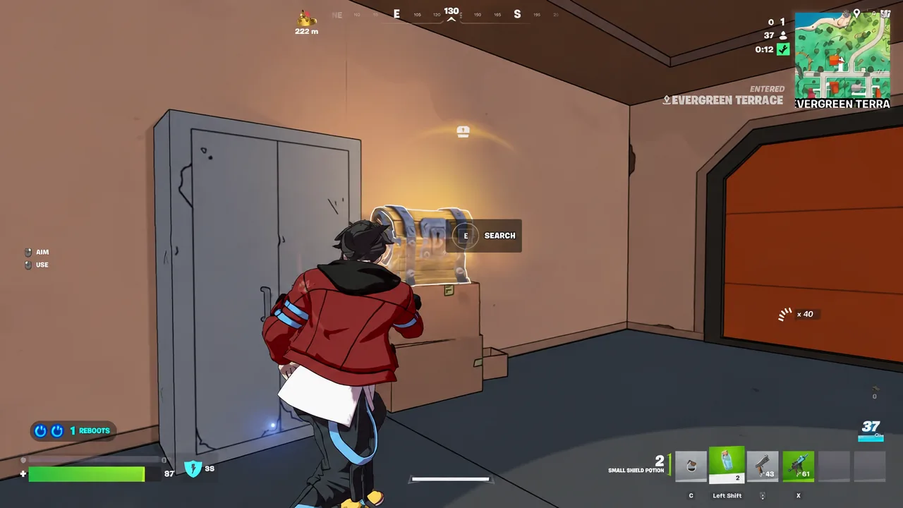 Opening a chest at Evergreen Terrace with the SEARCH prompt highlighted