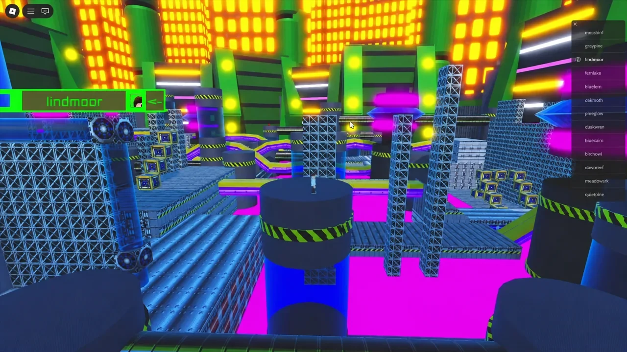 Player running along metal walkways and yellow beams inside Chemical Plant