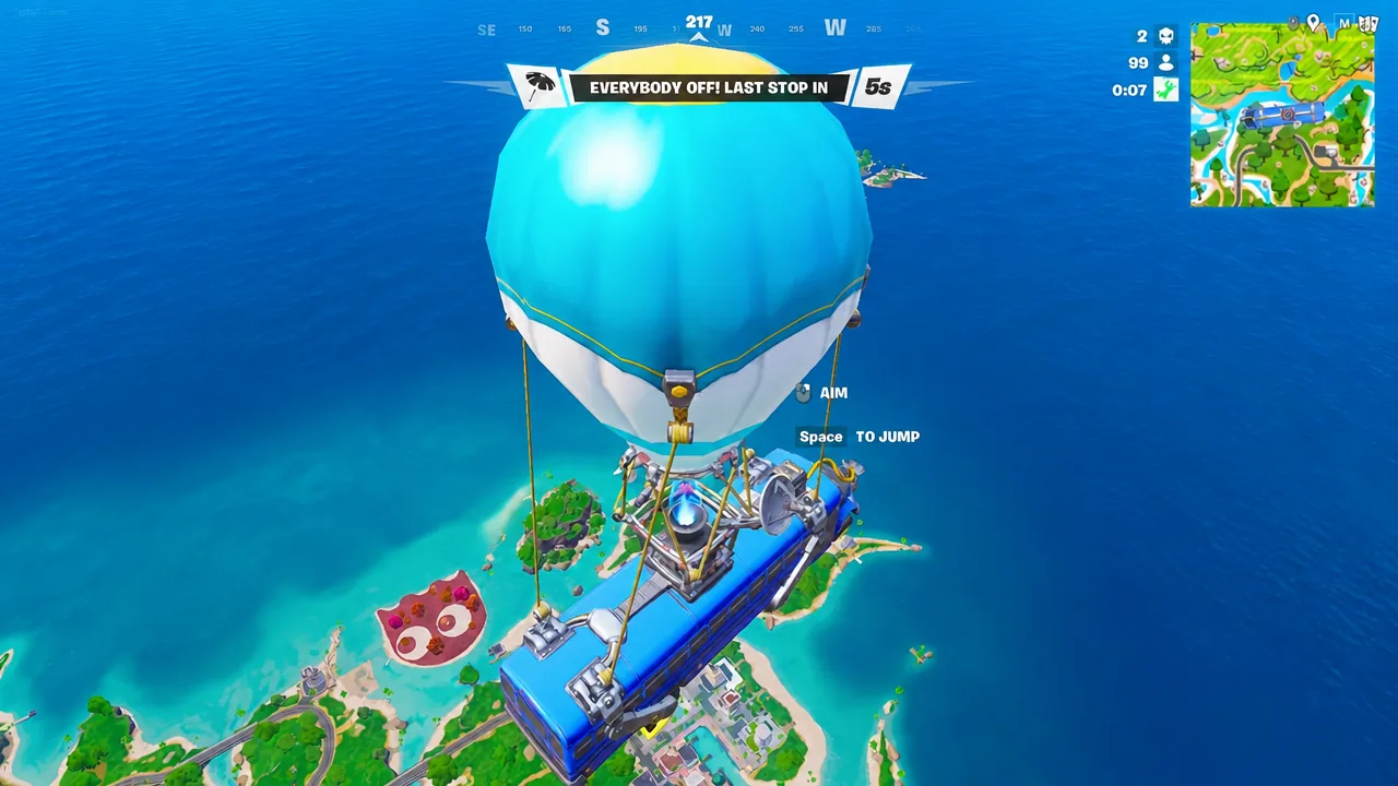 Battle Bus ride over the island with the jump prompt on screen before dropping in