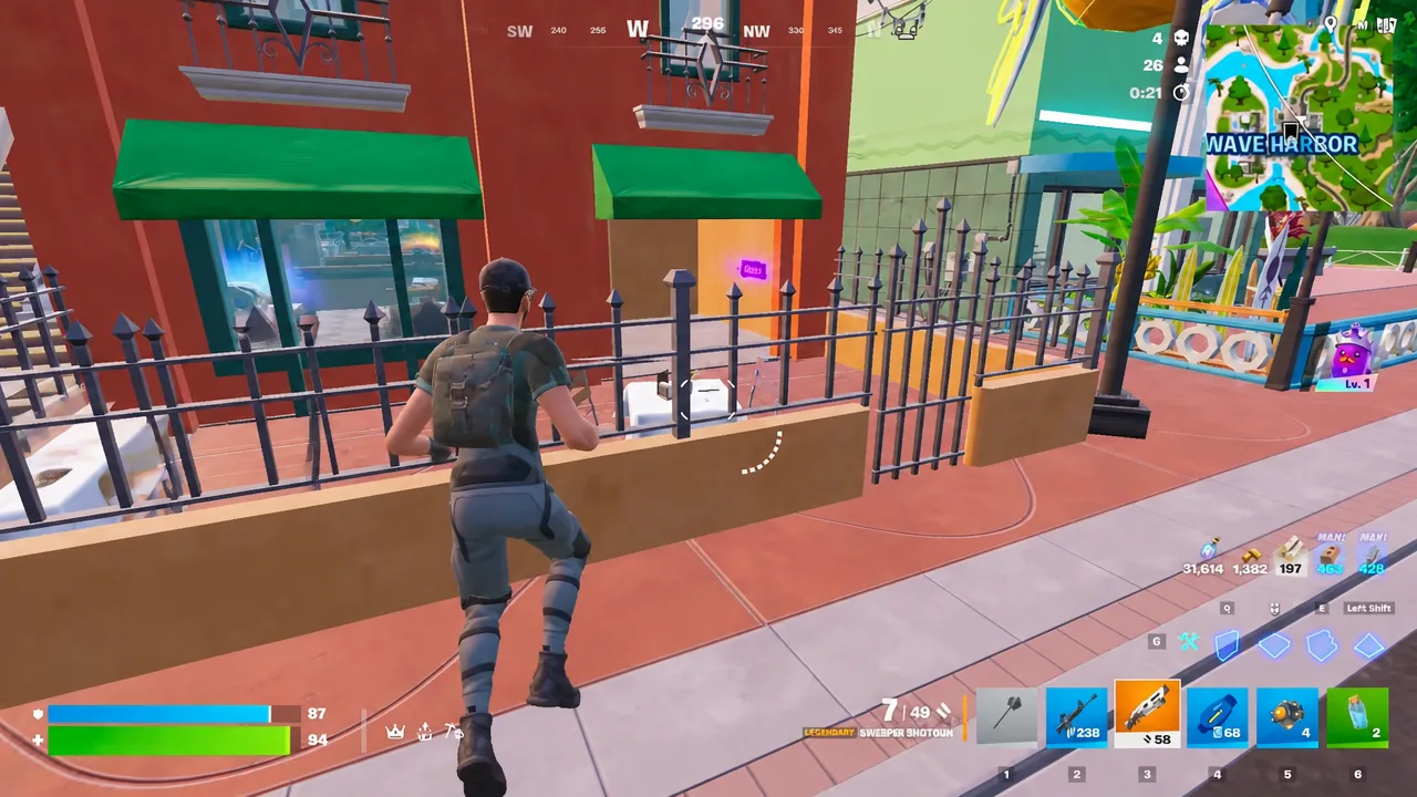 Player mantling a low wall while holding the Legendary Sweeper Shotgun