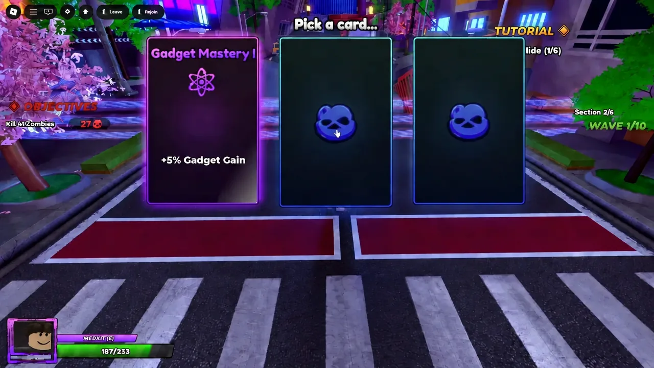 Pick a card screen with the Gadget Mastery upgrade granting plus five percent Gadget Gain selected