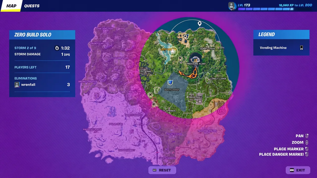 Fortnite map screen showing the shrinking storm circle and a white marker placed for the next rotation