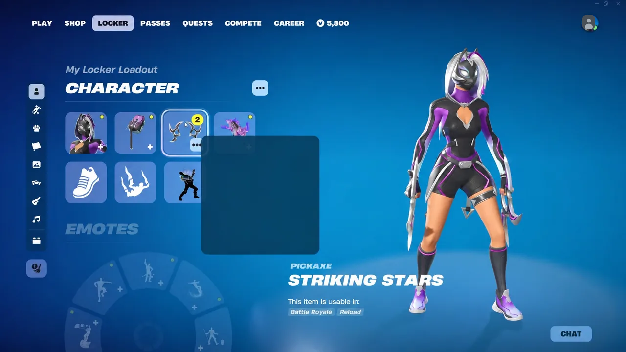 Locker Character screen with the Pickaxe slot selected and the Striking Stars pickaxe on display