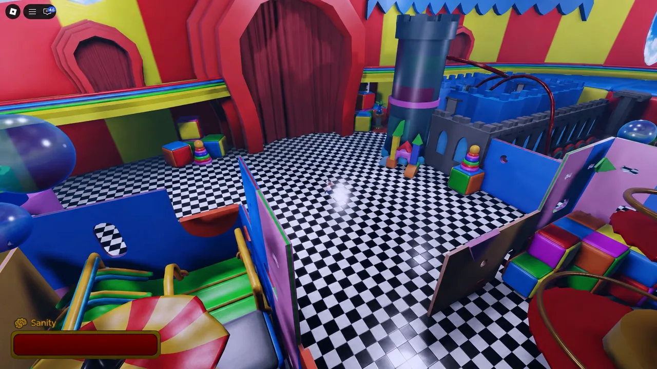 Sanity meter shown at the bottom left of the screen inside a checkerboard playroom