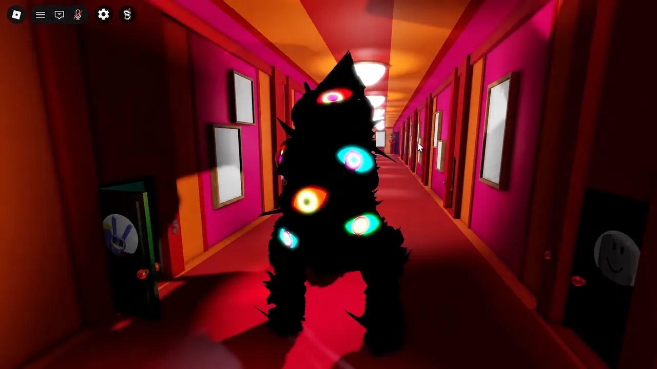 A black creature with glowing eyes moves down a brightly colored hallway in Experience Abstraction