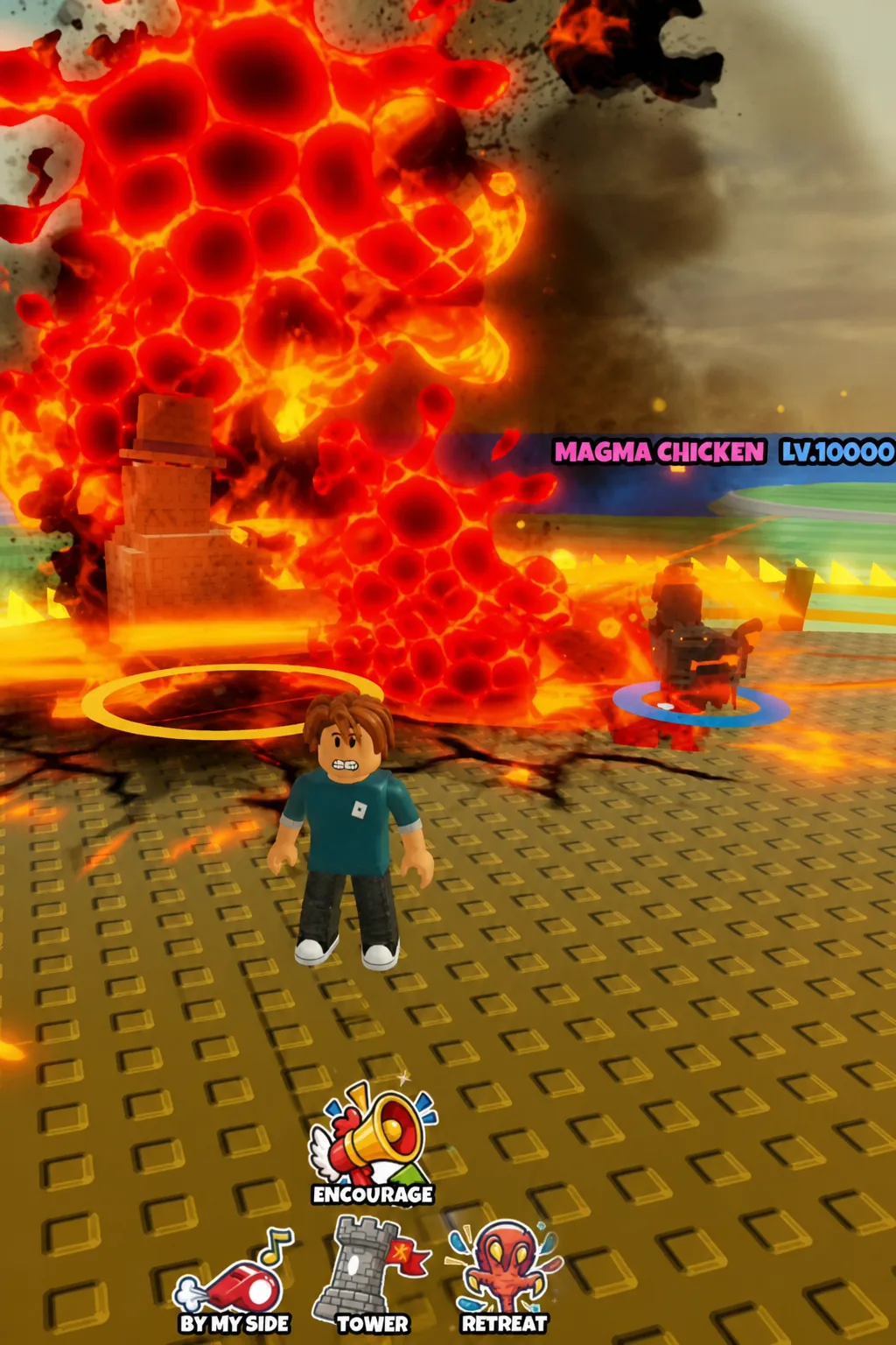 Battle screen with Encourage, By My Side, Tower, and Retreat commands during a Magma Chicken fight