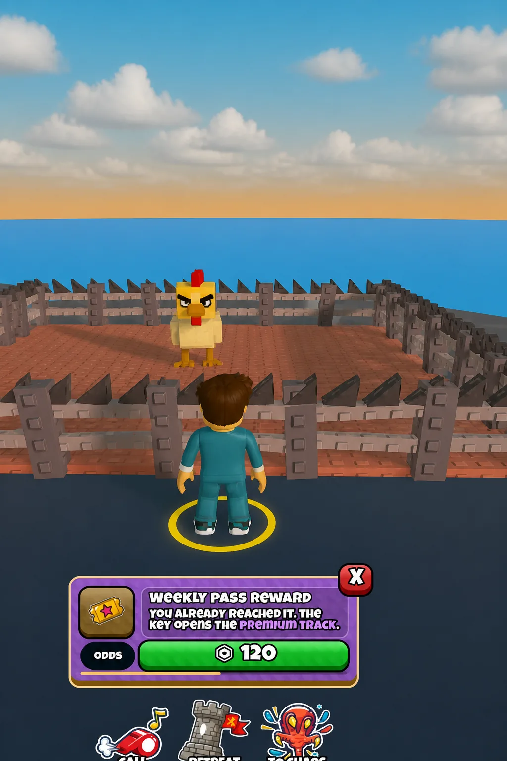 Weekly Pass Reward dialog showing a 120 reward and a Premium Track message