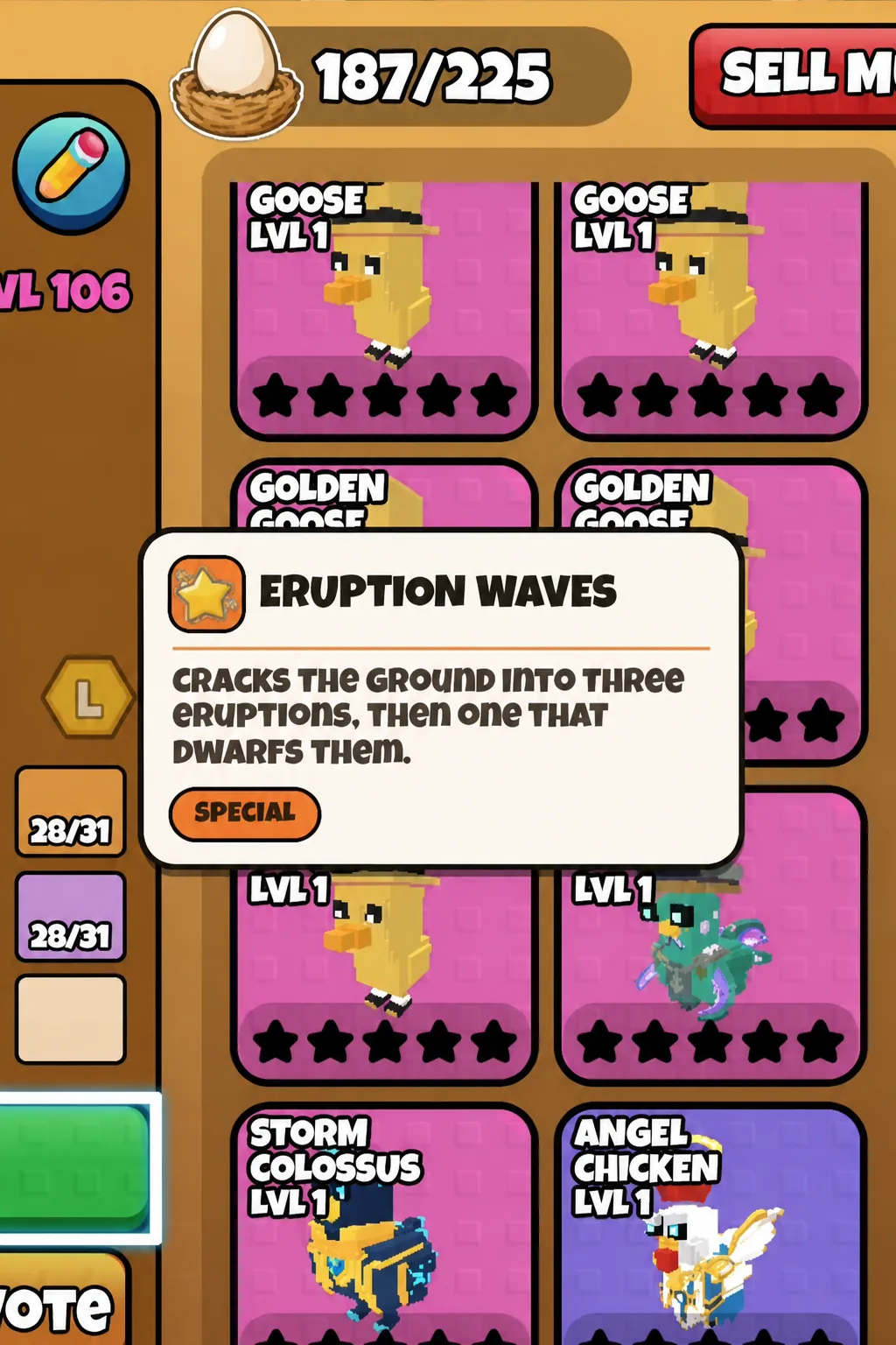 Eruption Waves tooltip open in the chicken collection screen, marked as a Special ability