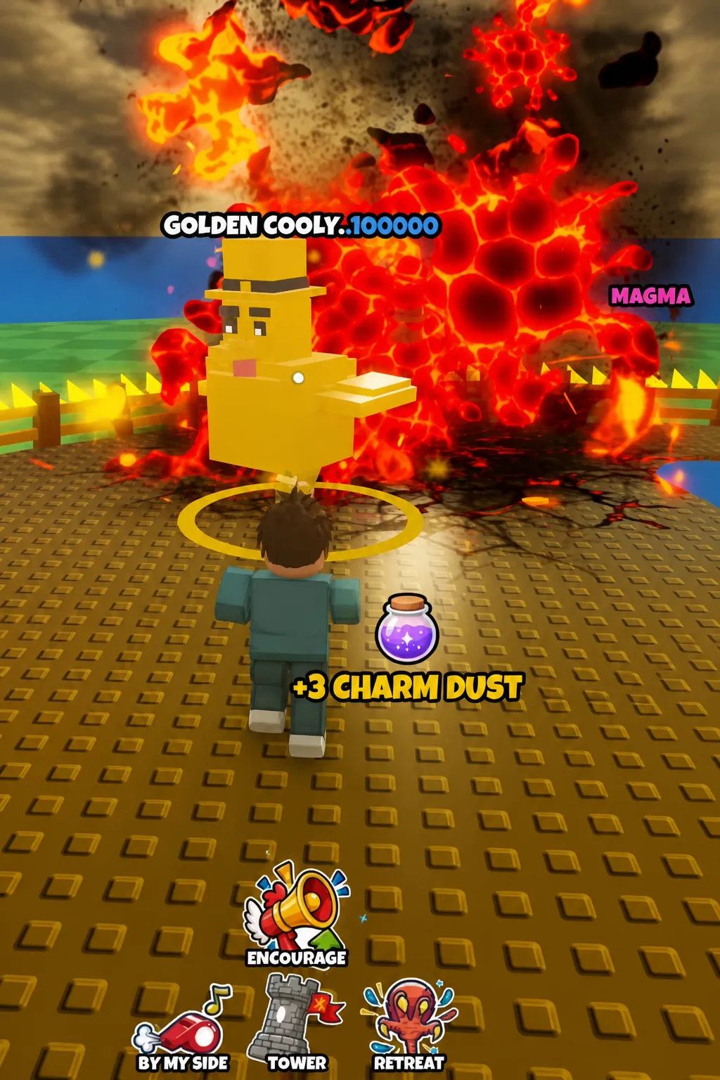 Charm Dust reward popping up on the battle screen next to the combat command buttons