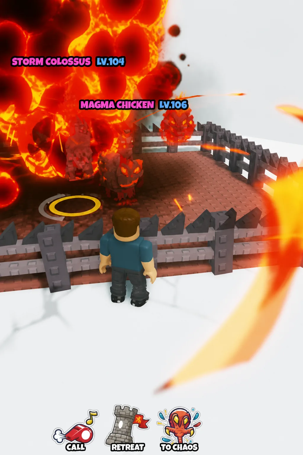 Tower fight between Storm Colossus LV.104 and Magma Chicken LV.106 with CALL, RETREAT and TO CHAOS options