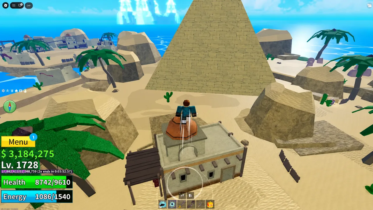 Player flying toward the reworked Desert pyramid with the yellow Menu button visible in the HUD