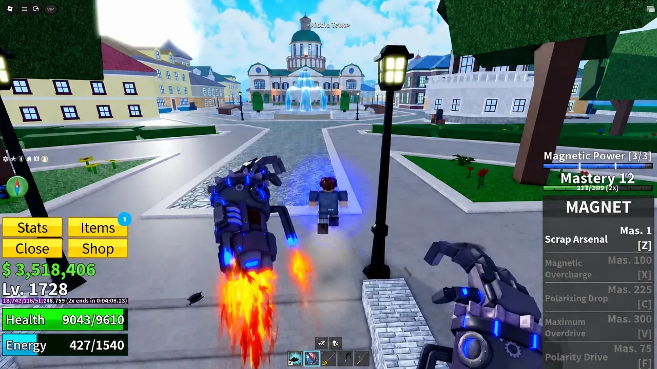 Player moving through Middle Town with the Magnet fruit equipped and its ability active