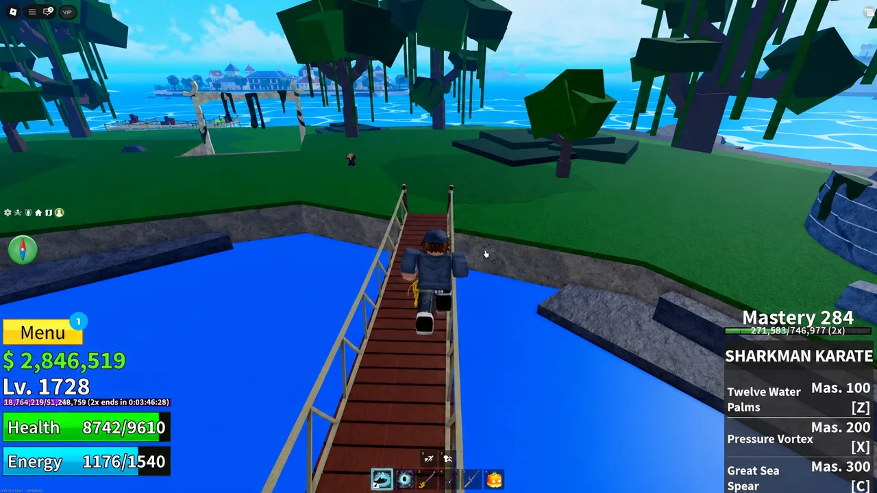 Character crossing a bridge with the reworked HUD showing the Sharkman Karate ability bar