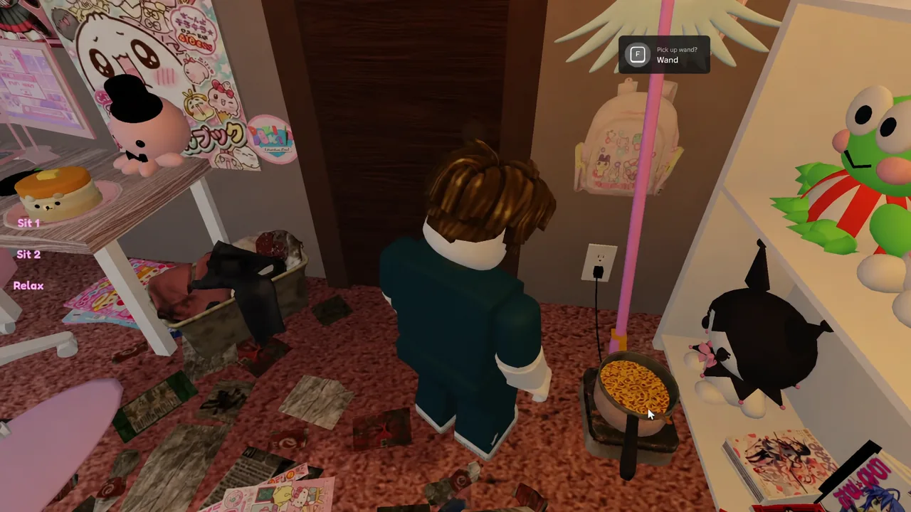 The Pick up wand? prompt highlighting the F key next to the bedroom door