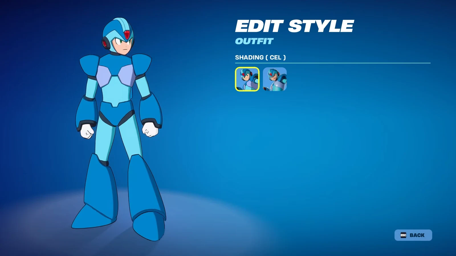 Edit Style menu with the Cel shading option selected on the Mega Man X blue armor outfit