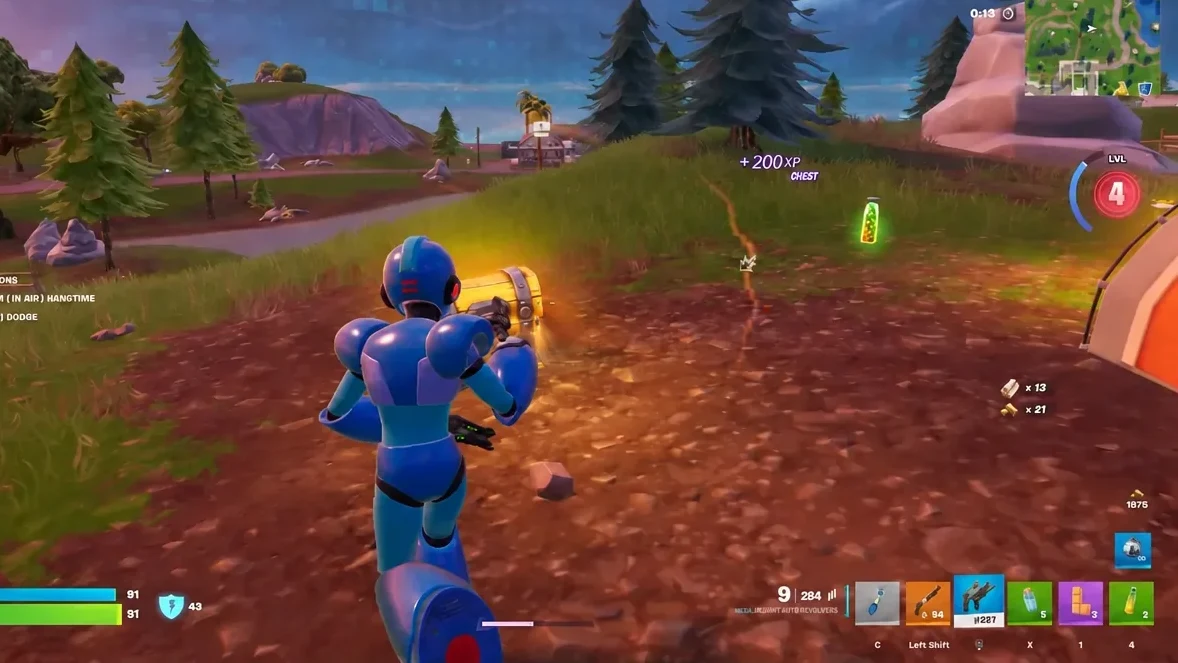 Player opening a chest with loot nearby and an XP reward popup on screen
