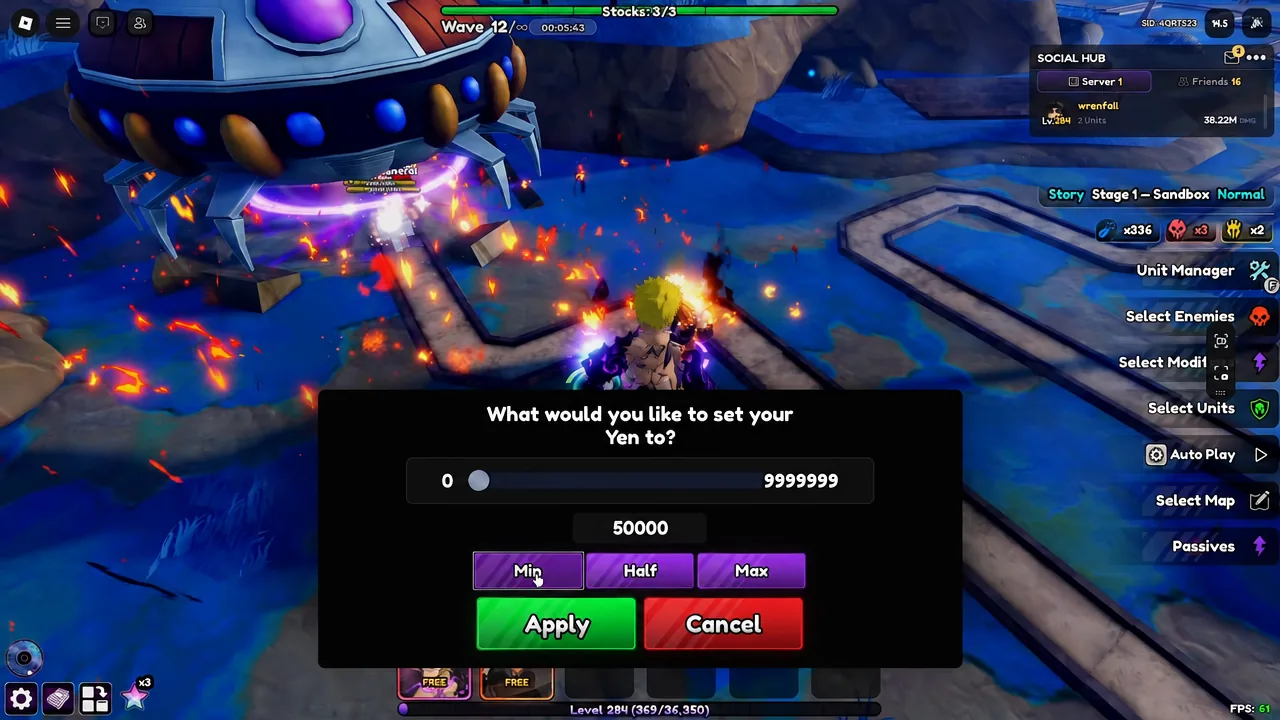 Sandbox dialog asking what to set the Yen amount to, with the Min option highlighted