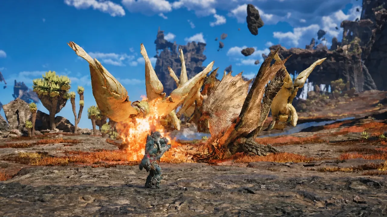 Hunter swinging at a large winged monster surrounded by fire during an aerial encounter
