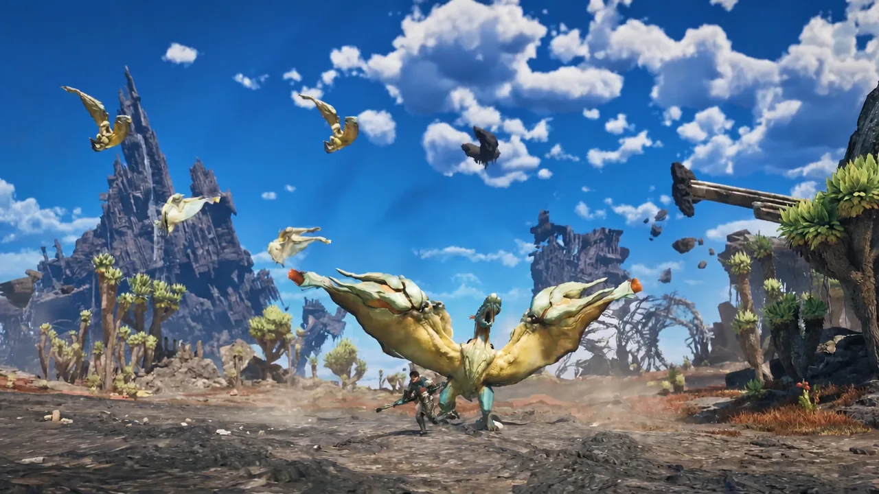 A large blue-green monster clashing with yellow flying creatures above a sky island