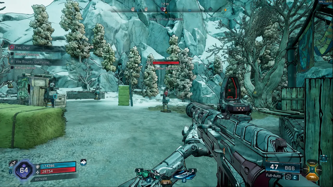 Player aims at a level 70 Bullet Sponge with the Kill Gui Yermo objective active