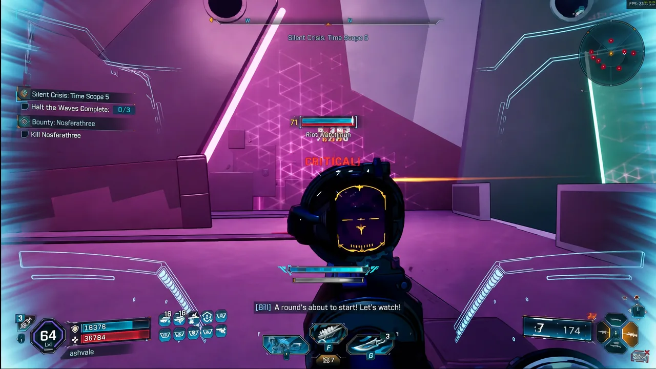 Riot Watchman centred in the sniper scope during a Silent Crisis: Time Scope 5 fight