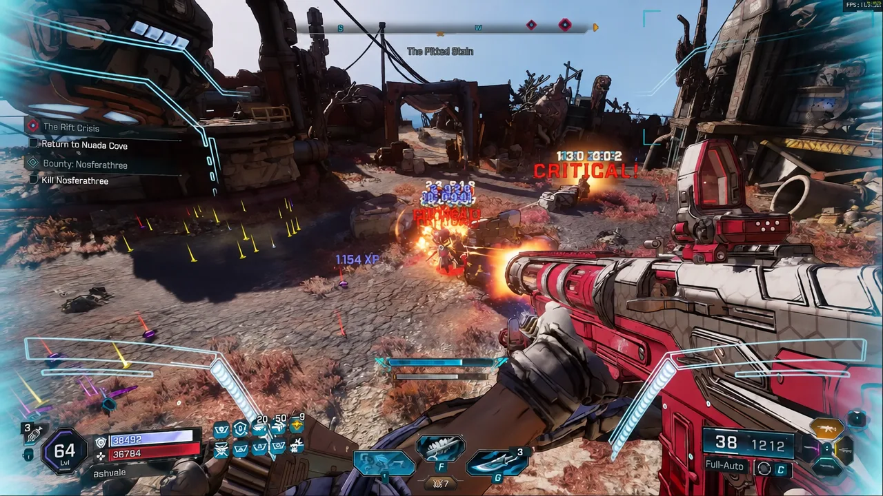 The Rift Crisis mission tracker shows Return to Nuada Cove while the player fires on an enemy