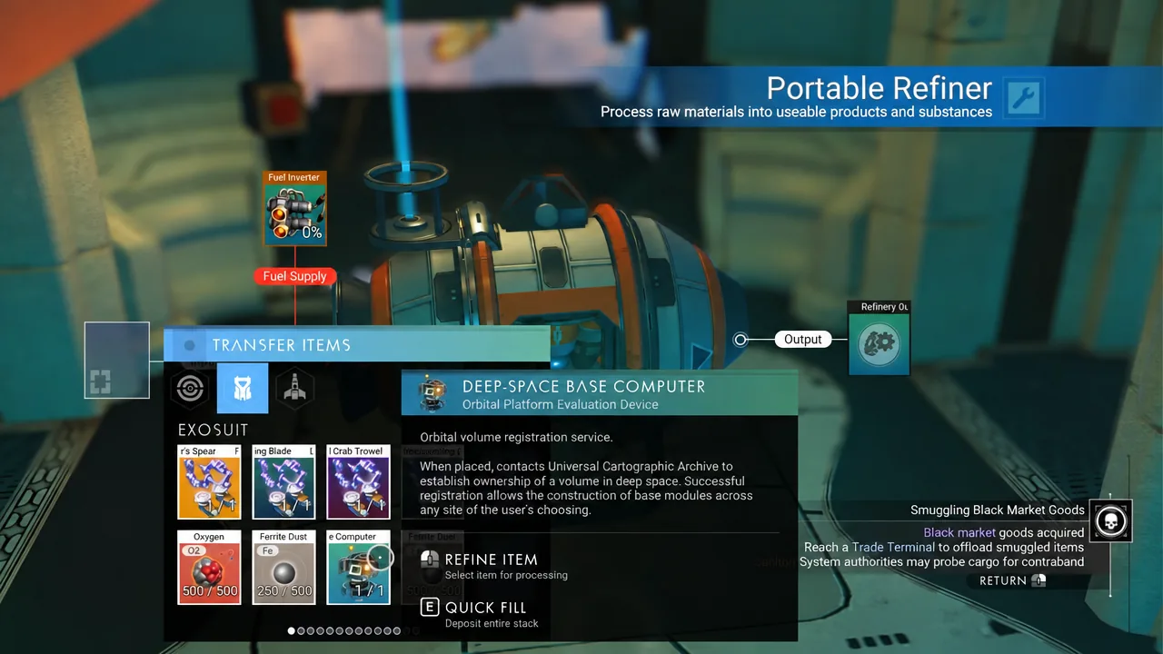 Portable Refiner transfer screen with the Deep-Space Base Computer selected for refining