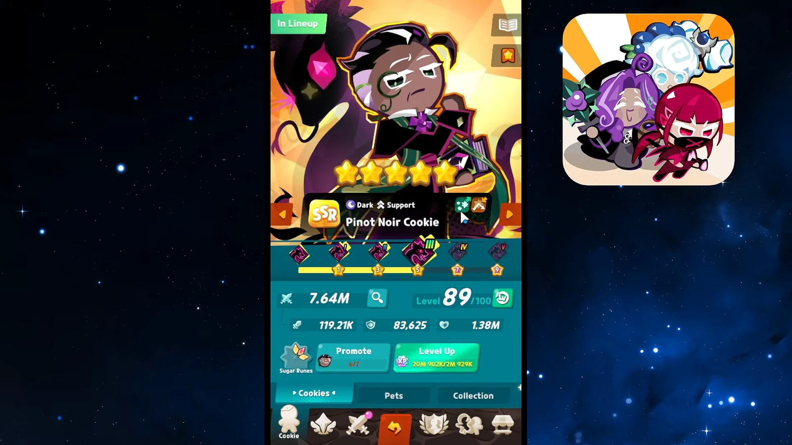 Pinot Noir Cookie detail screen at level 89 of 100 with Promote and Level Up buttons