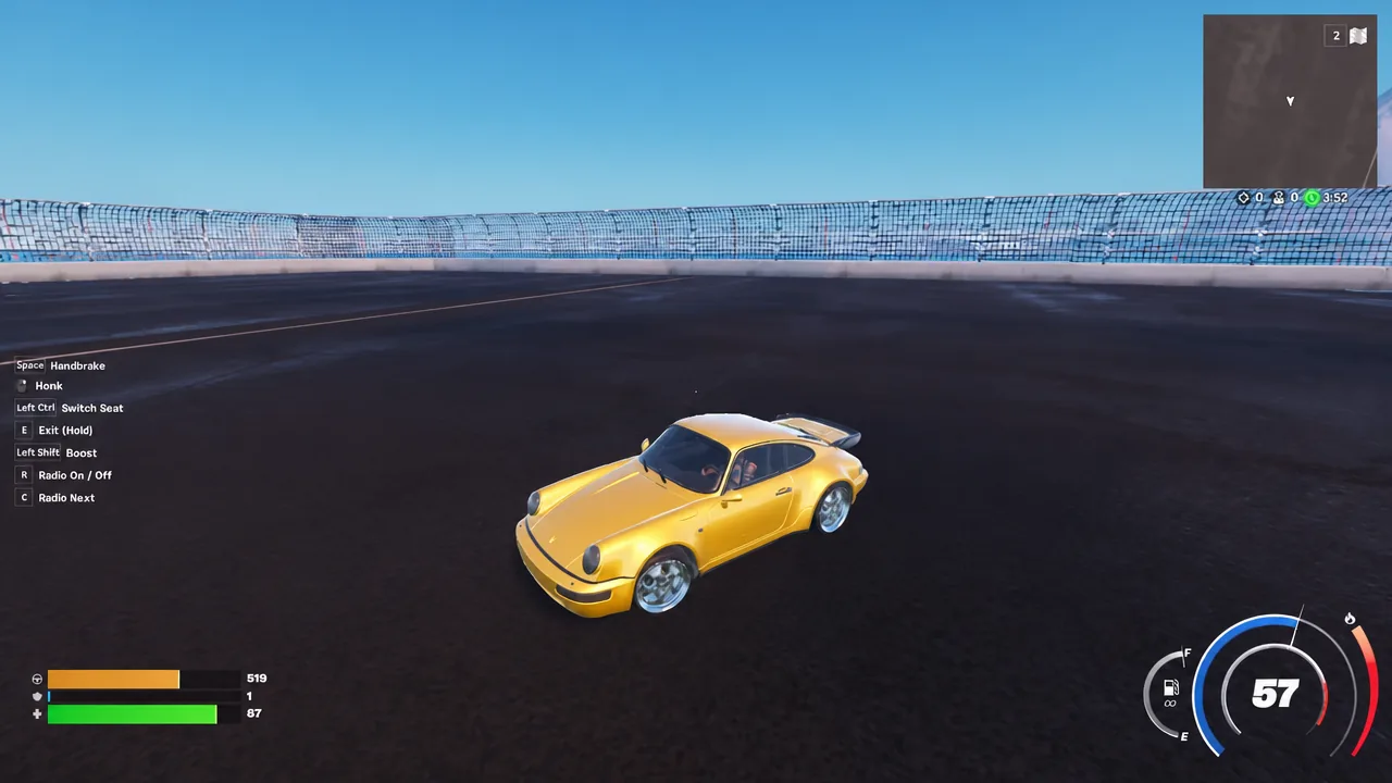 Third-person view of the Porsche car body being driven in Fortnite