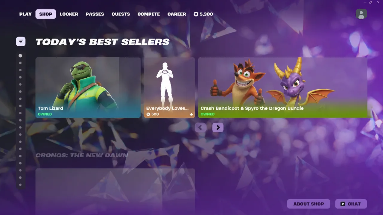 Fortnite Shop tab open on the Today's Best Sellers row of featured items
