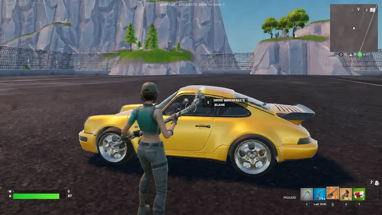 On-screen prompt to press E to drive the equipped sports car body