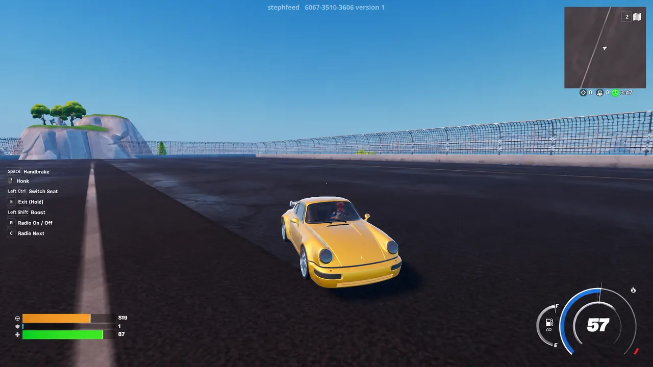 Yellow sports car body on a Creative racetrack with the driving HUD on screen