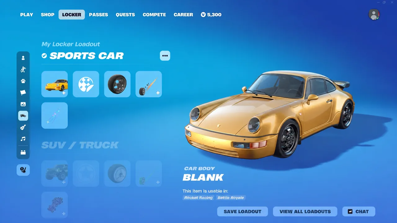 Fortnite Locker showing the Sports Car loadout with the Car Body slot selected