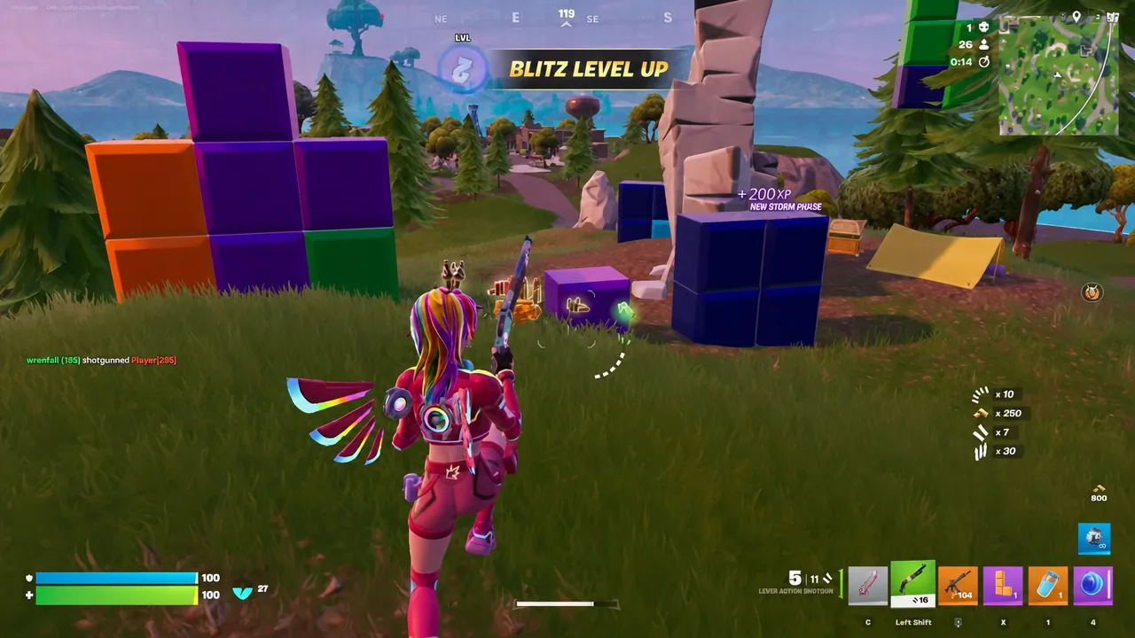 Fortnite HUD showing a Blitz Level Up notification as a new storm phase begins