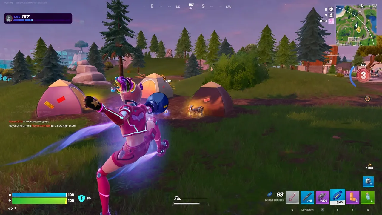 Fortnite player with the Mega Buster equipped running toward a glowing chest between tents