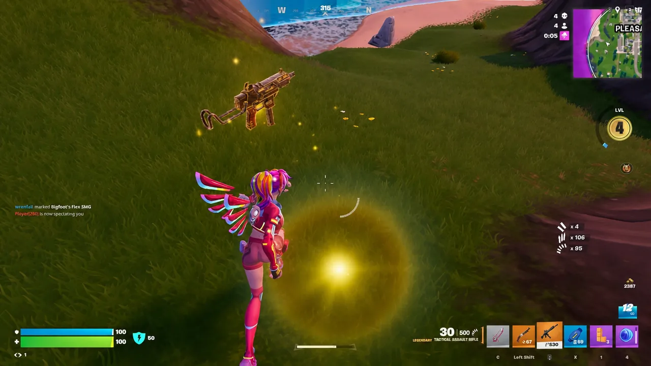 Fortnite player walking up to a glowing legendary weapon on the ground to pick it up