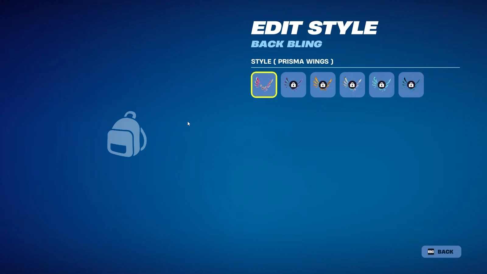 Fortnite Edit Style menu for the Prisma Wings back bling with locked color variants shown