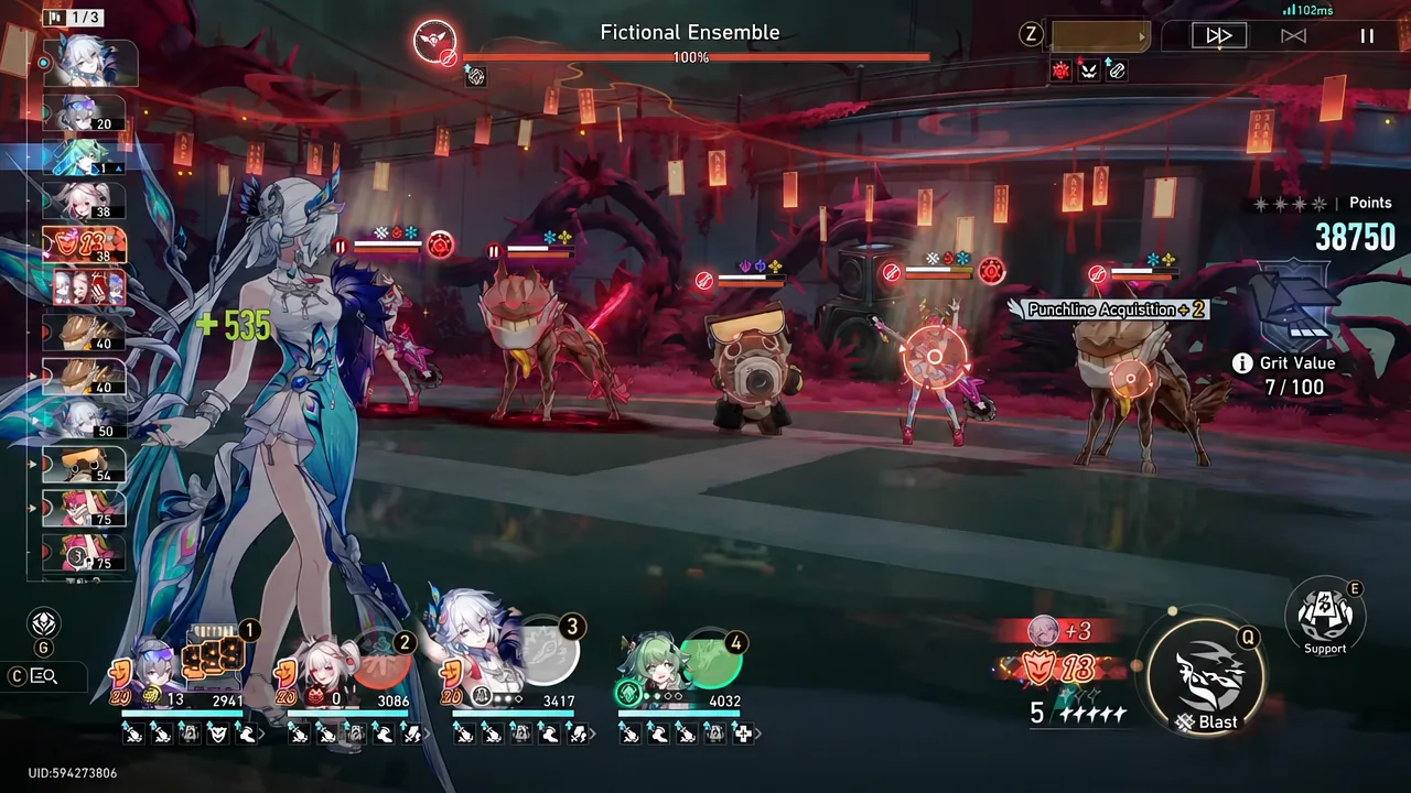 Battle screen against the Fictional Ensemble showing a Punchline Acquisition +2 Grit gain popup